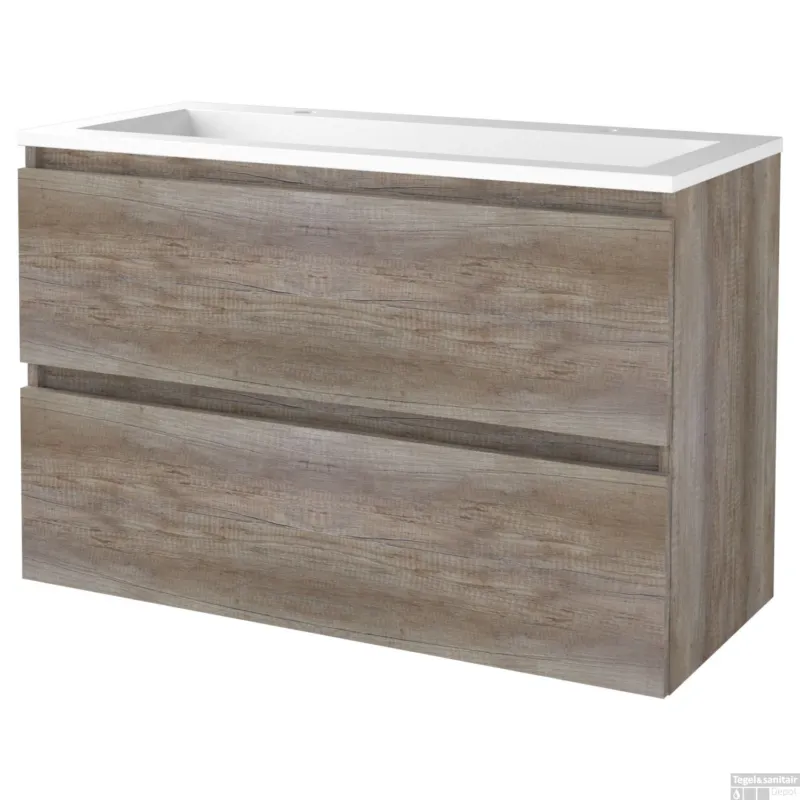 Fabrieksprijs Badmeubelset BWS Salt 100x46cm Greeploos 2 Lades Met Wastafel Acryl 2 Kraangaten Scotch Oak