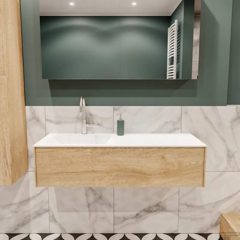 Actieprijs Badkamermeubel BWS Madrid Washed Oak 120x45x30 cm Mat Witte Solid Surface Wastafel Links (1 kraangat)
