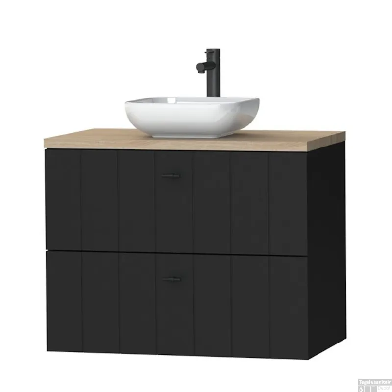 Superprijs Tiger Maryport Meubelset 80 cm met 2 lades Mat zwart incl Ontario waskom Hoogglans wit - 1496018918