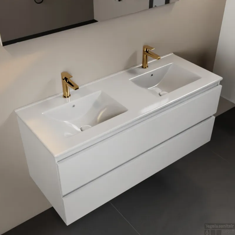 Gecertificeerd MONDIAZ AIVY 120cm badmeubel Talc, wastafel glanzend wit keramiek dubbel 2 kraangaten (M60104 - AI-M120TADU)
