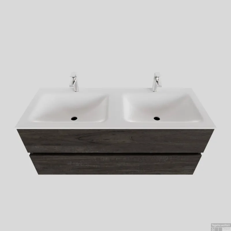 Badkamermeubel Solid Surface BWS Oslo 120x46 cm Dubbel Wood Dark Brown (2 kraangaten) Weekendaanbieding
