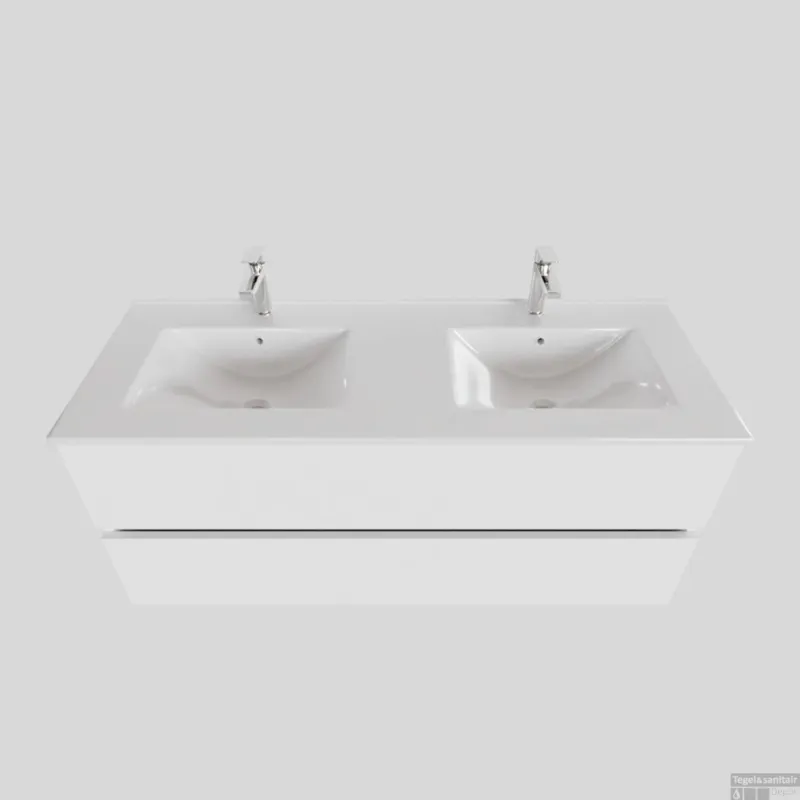 Beperkte Voorraad Badkamermeubel BWS Helsinki 120x46cm Keramiek Dubbel Mat Wit 2 Laden (2 kraangaten)
