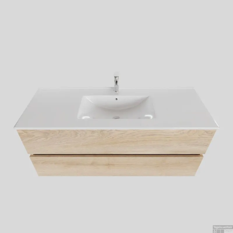 Snelle Levering Badkamermeubel BWS Helsinki 120x46cm Keramiek Midden Wood Washed Oak 2 Laden (1 kraangat)