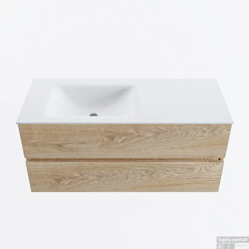 Express Levering MONDIAZ VICA 110cm badmeubel onderkast Washed Oak 2 lades. Wastafel CLOUD links 1 kraangat, kleur Talc.