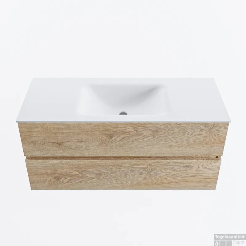 MONDIAZ VICA 110cm badmeubel onderkast Washed Oak 2 lades. Wastafel CLOUD midden zonder kraangat, kleur Talc. Beperkt Aanbod