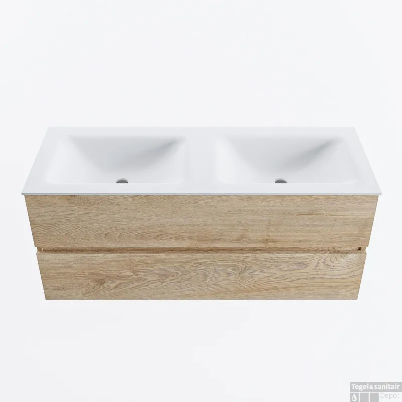 Snelle Levering MONDIAZ VICA 120cm badmeubel onderkast Washed Oak 2 lades. Wastafel CLOUD dubbel 2 kraangaten, kleur Talc.