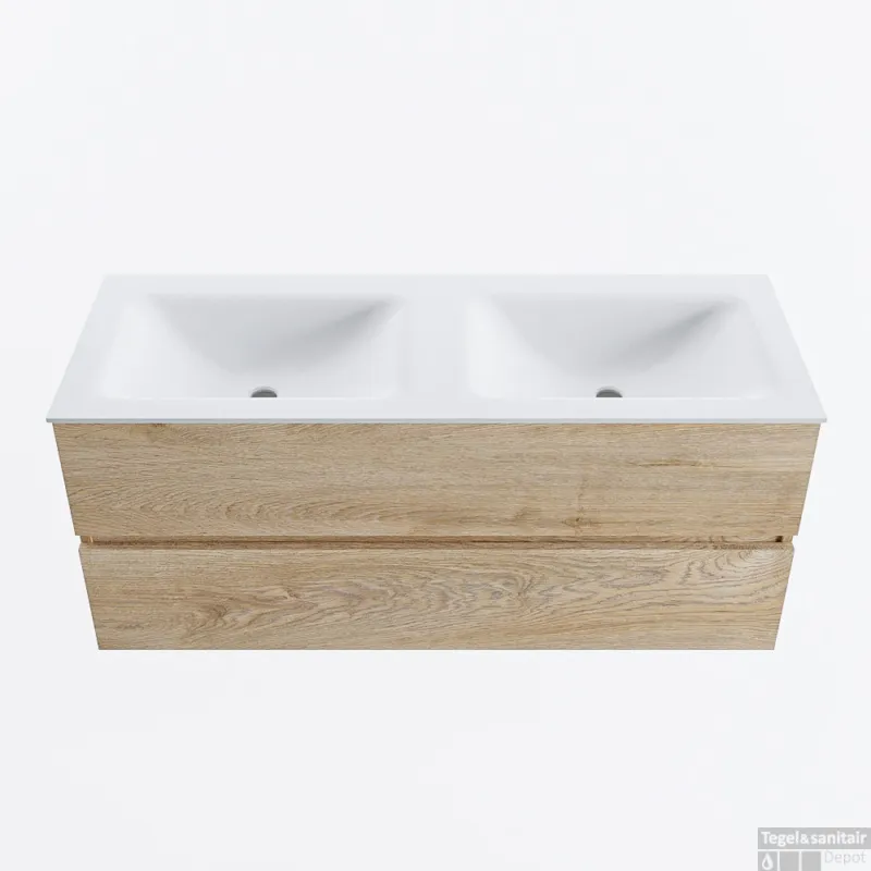 MONDIAZ VICA 120cm badmeubel onderkast Washed Oak 2 lades. Wastafel CLOUD dubbel zonder kraangat, kleur Talc. Aanbieding