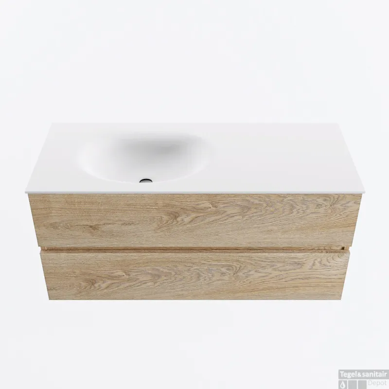 MONDIAZ VICA 110cm badmeubel onderkast Washed Oak 2 lades. Wastafel MOON links zonder kraangat, kleur Talc. Op = Op