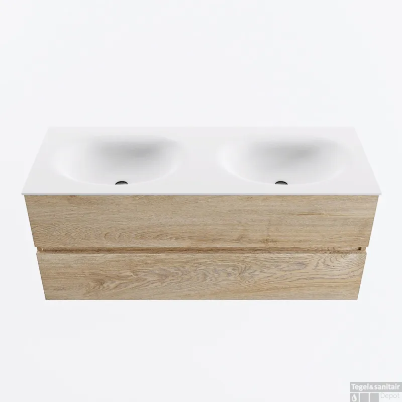 MONDIAZ VICA 120cm badmeubel onderkast Washed Oak 2 lades. Wastafel MOON dubbel 2 kraangaten, kleur Talc. Gereduceerde Prijs