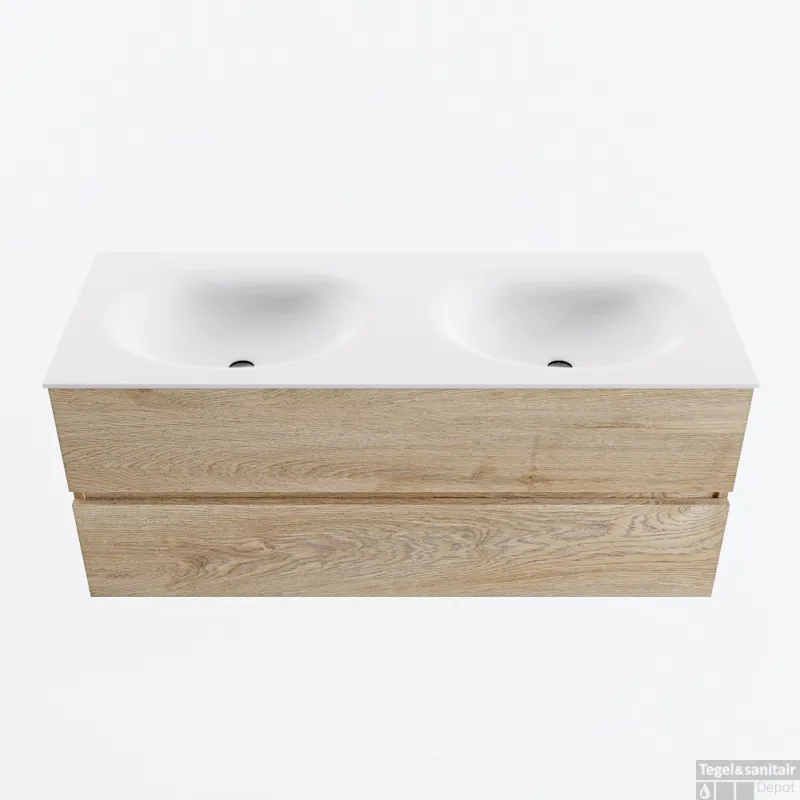 Weekendaanbieding MONDIAZ VICA 120cm badmeubel onderkast Washed Oak 2 lades. Wastafel MOON dubbel zonder kraangat, kleur Talc.