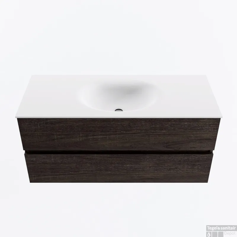 Rechtstreeks Van De Fabrikant MONDIAZ VICA 110cm badmeubel onderkast Dark Brown 2 lades. Wastafel MOON midden 1 kraangat, kleur Talc.