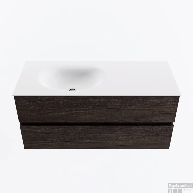 Beperkte Voorraad MONDIAZ VICA 110cm badmeubel onderkast Dark Brown 2 lades. Wastafel MOON links zonder kraangat, kleur Talc.