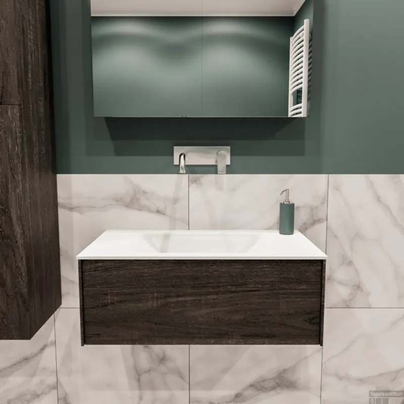 Beperkt Aanbod Badkamermeubel BWS Madrid Dark Brown 80x45x30 cm Mat Witte Solid Surface Wastafel (0 kraangaten)