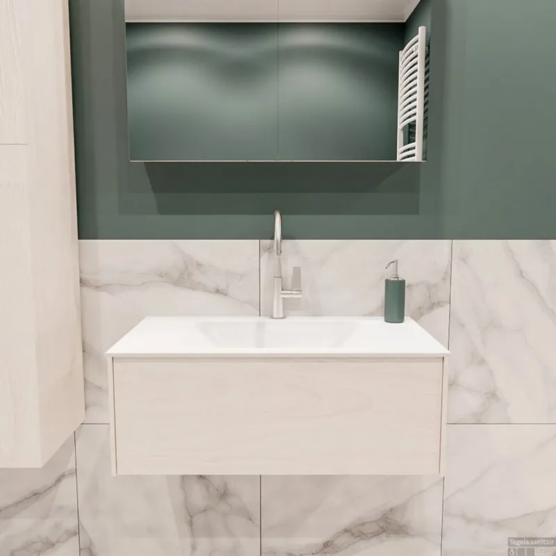 Badkamermeubel BWS Madrid Wit 80x45x30 cm Mat Witte Solid Surface Wastafel (1 kraangat) Alleen Vandaag