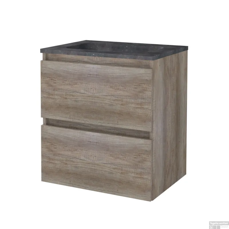 Badmeubelset BWS Salt 60x46cm Greeploos 2 Lades Met Wastafel Hardsteen 1 Kraangat Scotch Oak Laatste Versie