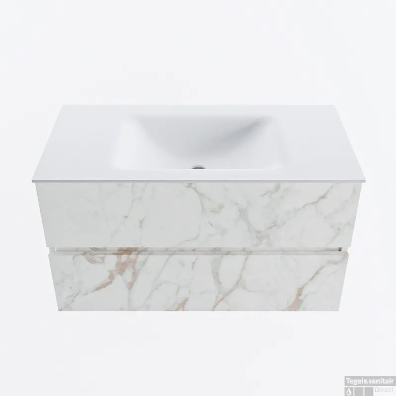 MONDIAZ VICA 90cm badmeubel onderkast Carrara 2 lades. Wastafel CLOUD midden 1 kraangat, kleur Talc. Laatste Kans