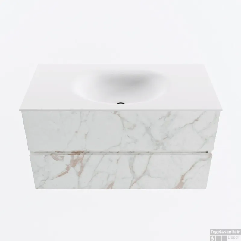 Uitverkoop MONDIAZ VICA 90cm badmeubel onderkast Carrara 2 lades. Wastafel MOON midden 1 kraangat, kleur Talc.