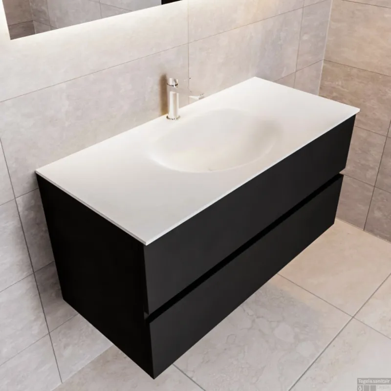Lage Prijs Badkamermeubel Solid Surface BWS Stockholm 100x45 cm Mat Zwart Urban Midden (1 kraangat)