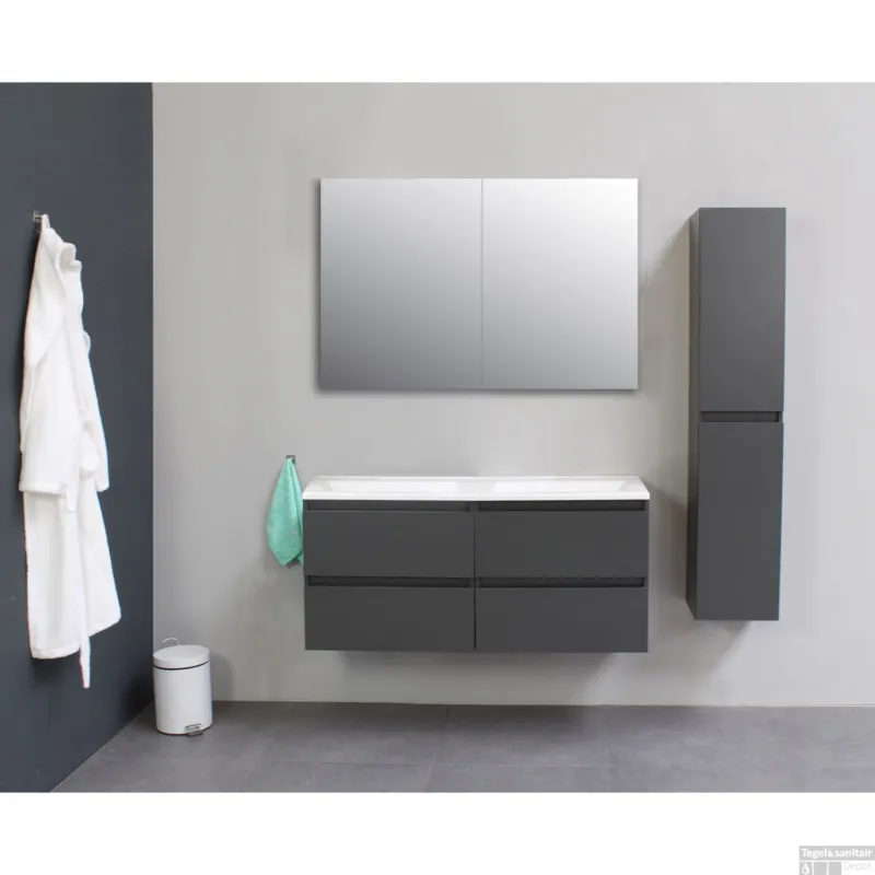 Weekendaanbieding Badkamermeubel BWS Pepper Wastafel Acryl Incl Spiegelkast 2 Deurs Zonder Krg 120x55x46 cm Antraciet