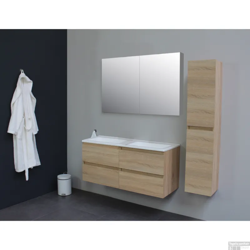 Badkamermeubel BWS Pepper Wastafel Acryl Incl Spiegelkast 2 Deurs Zonder Krg 120x55x46 cm Eiken Populair