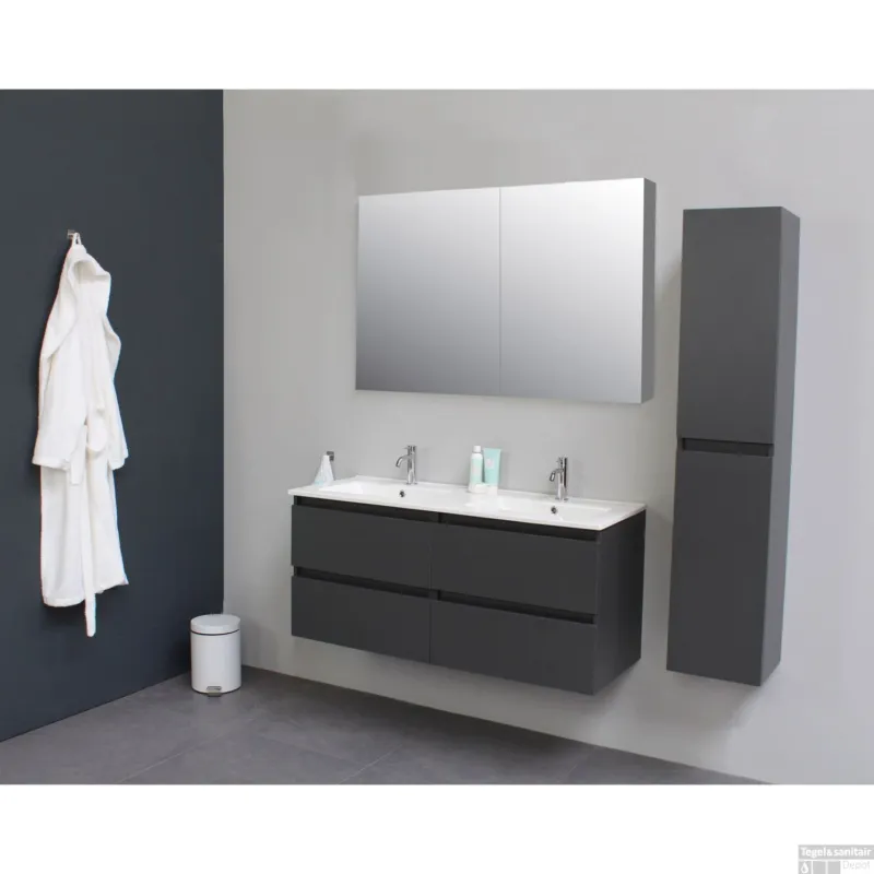 Badkamermeubel BWS Pepper Wastafel Porselein 2 Kraangaten Spiegelkast 120x55x46 cm Antraciet Lage Prijs