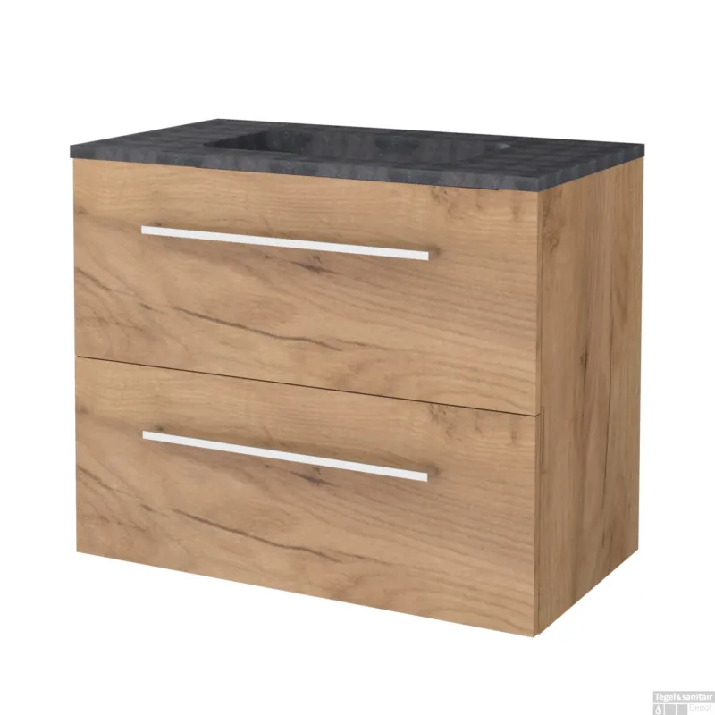 Uitverkoop Badmeubelset BWS Salt 80x46cm Met Grepen 2 Lades Met Wastafel Hardsteen Whisky Oak