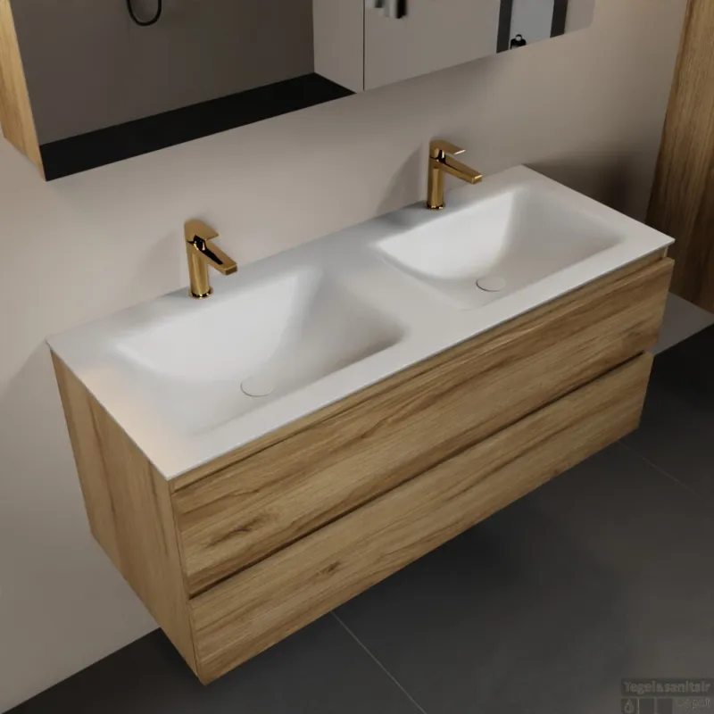 MONDIAZ AIVY 120cm badmeubel Chai, wastafel Talc solid surface dubbel 2 kraangaten met spiegelkast (AI-351651TALC-SI - AI-M120CHDU - AI-C120CHMI) Beperkte Voorraad