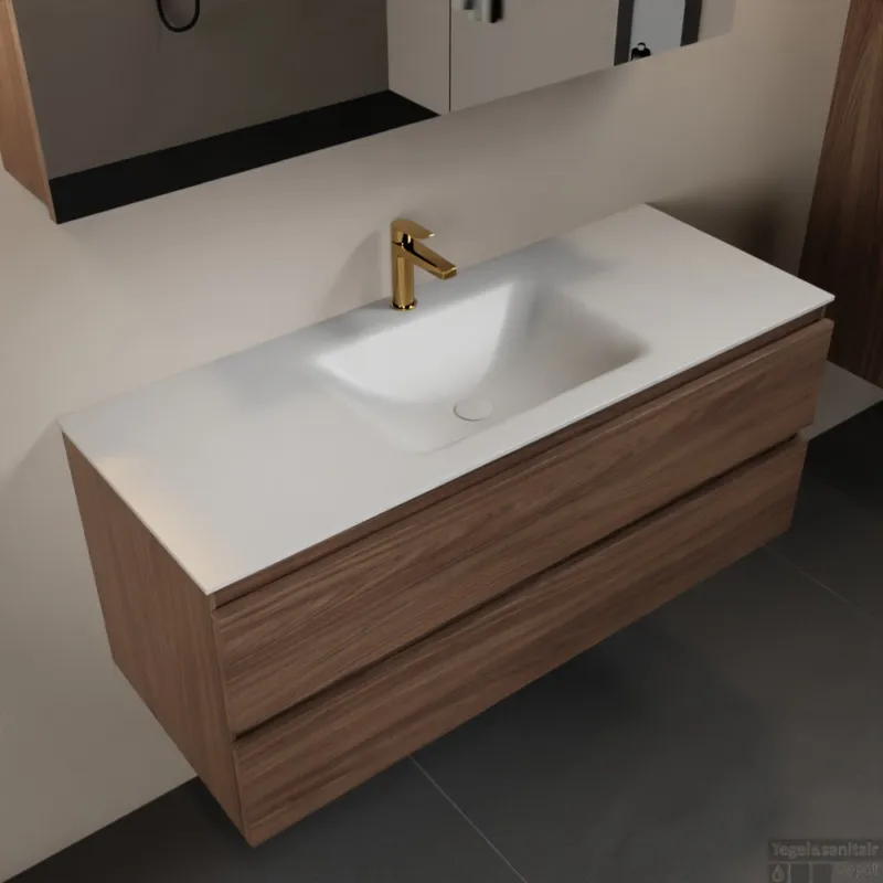 MONDIAZ AIVY 120cm badmeubel Mocha, wastafel Talc solid surface midden 1 kraangat met spiegelkast (AI-351621TALC-SI - AI-M120MOMI - AI-C120MOMI) Koop Online