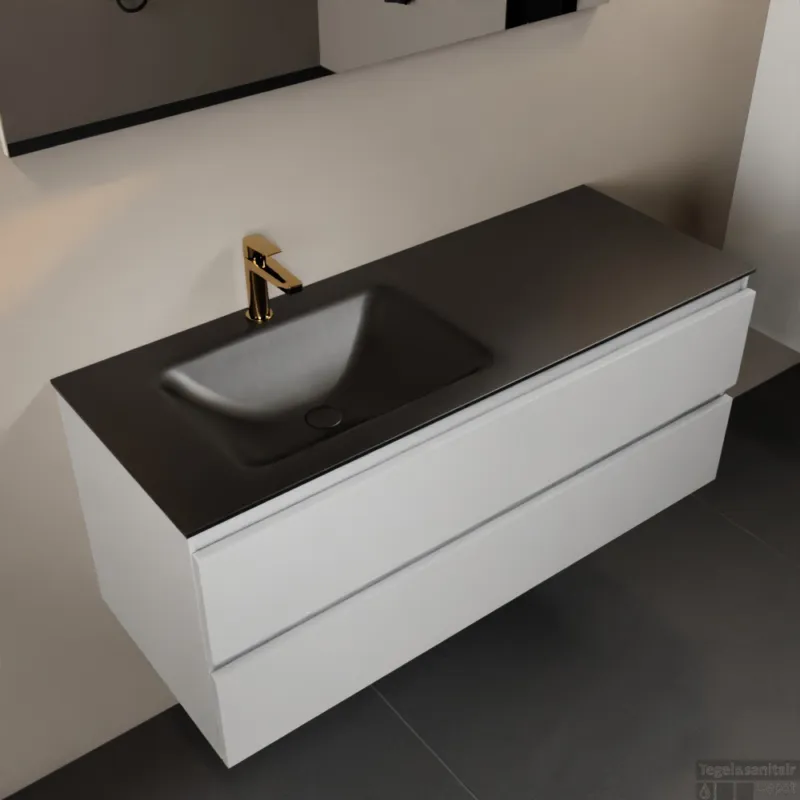 Beste Prijs MONDIAZ AIVY 120cm badmeubel Talc, wastafel Urban solid surface links 1 kraangat met spiegel (AI-351631URBAN-SI - AI-M120TALI - AI-S120X71)