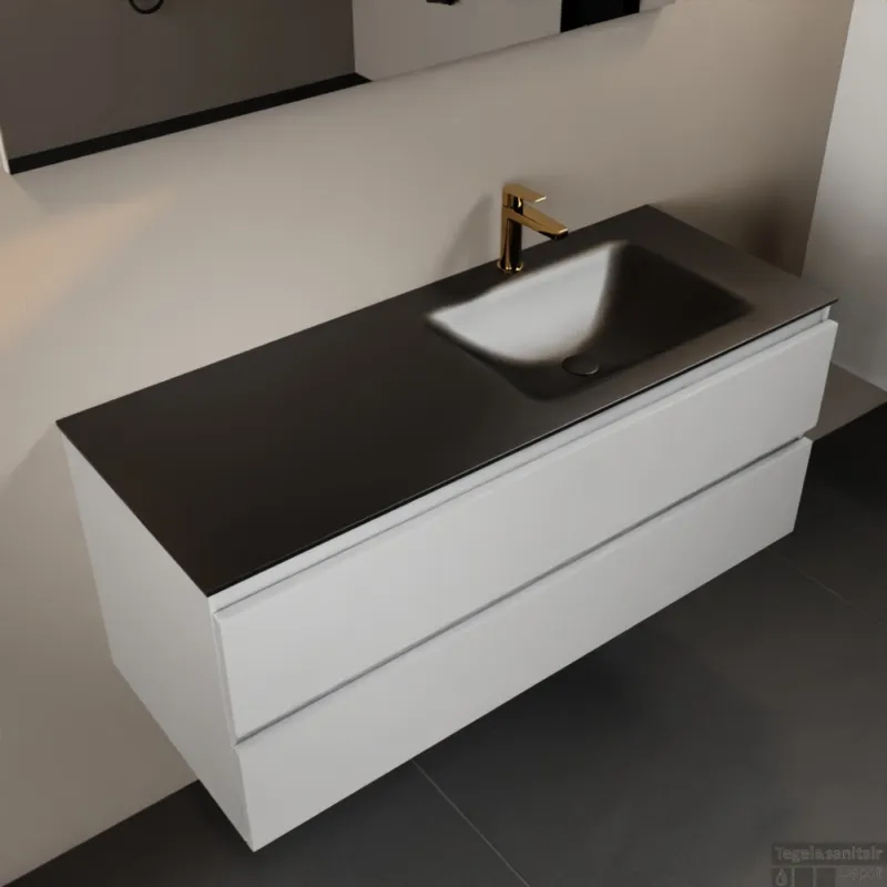 MONDIAZ AIVY 120cm badmeubel Talc, wastafel Urban solid surface rechts 1 kraangat met spiegel (AI-351641URBAN-SI - AI-M120TARE - AI-S120X72) Beperkte Voorraad