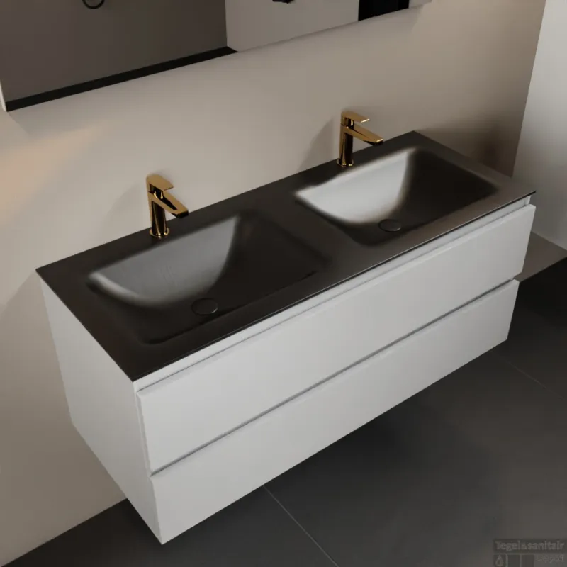 Laatste Versie MONDIAZ AIVY 120cm badmeubel Talc, wastafel Urban solid surface dubbel 2 kraangaten met spiegel (AI-351651URBAN-SI - AI-M120TADU - AI-S120X73)