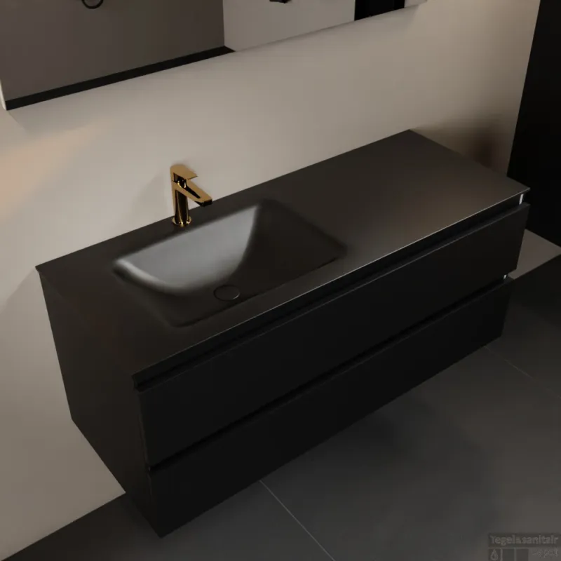 MONDIAZ AIVY 120cm badmeubel Urban, wastafel Urban solid surface links 1 kraangat met spiegel (AI-351631URBAN-SI - AI-M120URLI - AI-S120X71) Bestseller