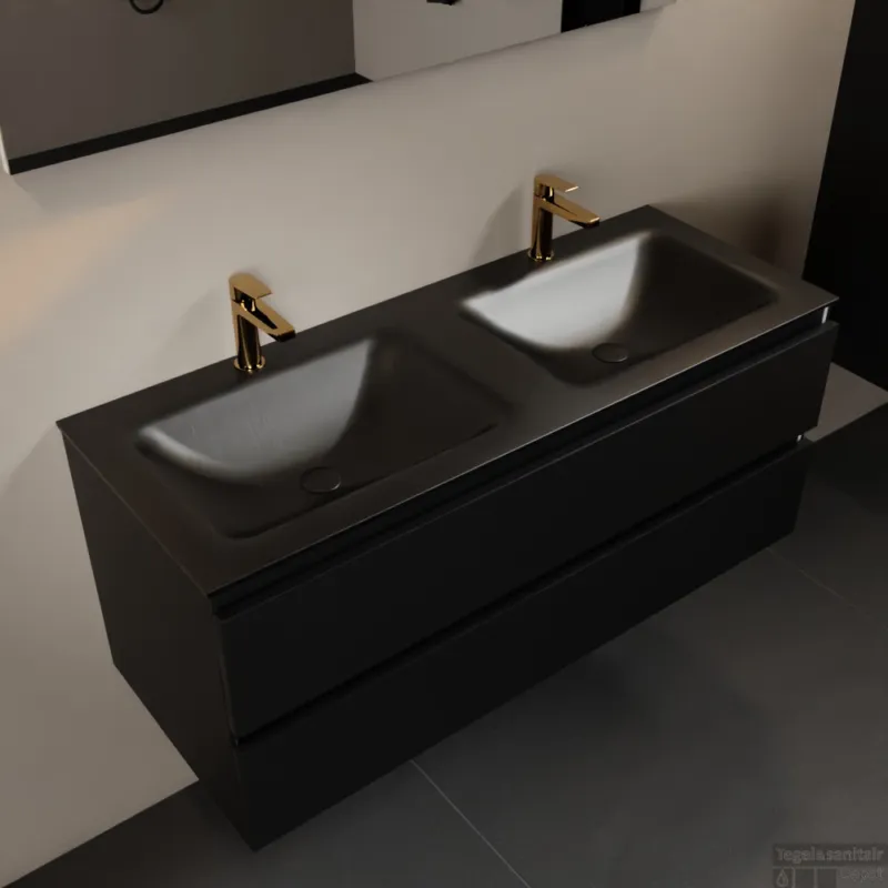 MONDIAZ AIVY 120cm badmeubel Urban, wastafel Urban solid surface dubbel 2 kraangaten met spiegel (AI-351651URBAN-SI - AI-M120URDU - AI-S120X73) Express Levering