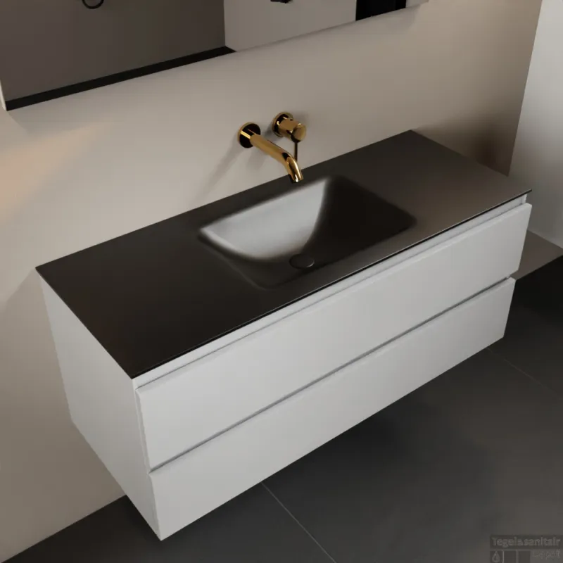 Premium MONDIAZ AIVY 120cm badmeubel Talc, wastafel Urban solid surface midden zonder kraangat met spiegel (AI-351621URBAN-NO - AI-M120TAMI - AI-S120X70)
