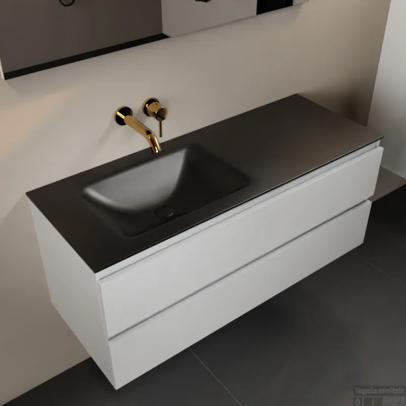 MONDIAZ AIVY 120cm badmeubel Talc, wastafel Urban solid surface links zonder kraangat met spiegel (AI-351631URBAN-NO - AI-M120TALI - AI-S120X71) Exclusieve Aanbieding