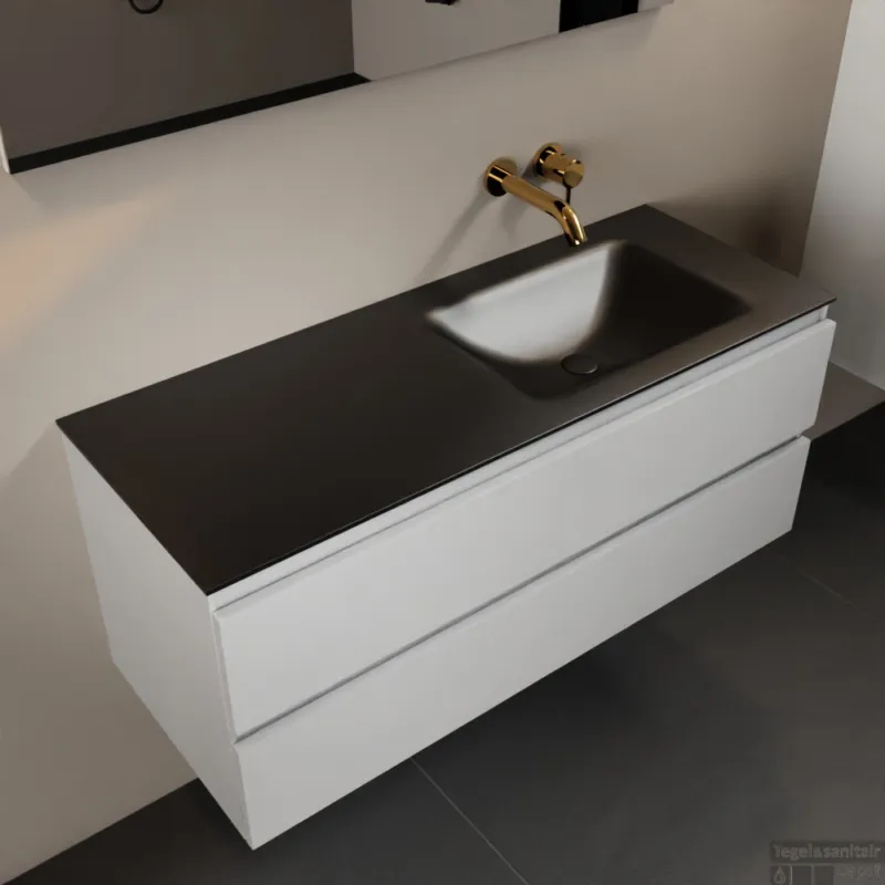 MONDIAZ AIVY 120cm badmeubel Talc, wastafel Urban solid surface rechts zonder kraangat met spiegel (AI-351641URBAN-NO - AI-M120TARE - AI-S120X72) Snelle Levering