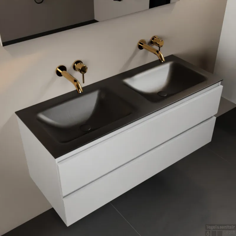 Dagaanbieding MONDIAZ AIVY 120cm badmeubel Talc, wastafel Urban solid surface dubbel zonder kraangat met spiegel (AI-351651URBAN-NO - AI-M120TADU - AI-S120X73)