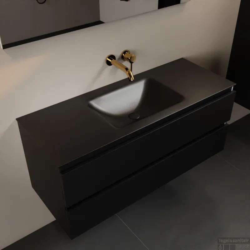 MONDIAZ AIVY 120cm badmeubel Urban, wastafel Urban solid surface midden zonder kraangat met spiegel (AI-351621URBAN-NO - AI-M120URMI - AI-S120X70) Laatste Kans