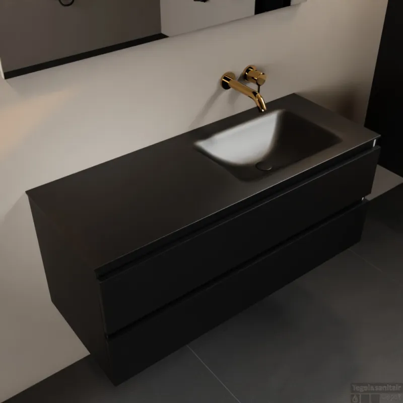 Laatste Kans MONDIAZ AIVY 120cm badmeubel Urban, wastafel Urban solid surface rechts zonder kraangat met spiegel (AI-351641URBAN-NO - AI-M120URRE - AI-S120X72)