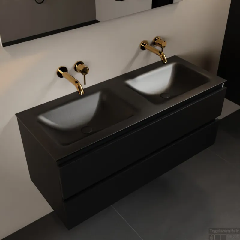 Lage Prijs MONDIAZ AIVY 120cm badmeubel Urban, wastafel Urban solid surface dubbel zonder kraangat met spiegel (AI-351651URBAN-NO - AI-M120URDU - AI-S120X73)
