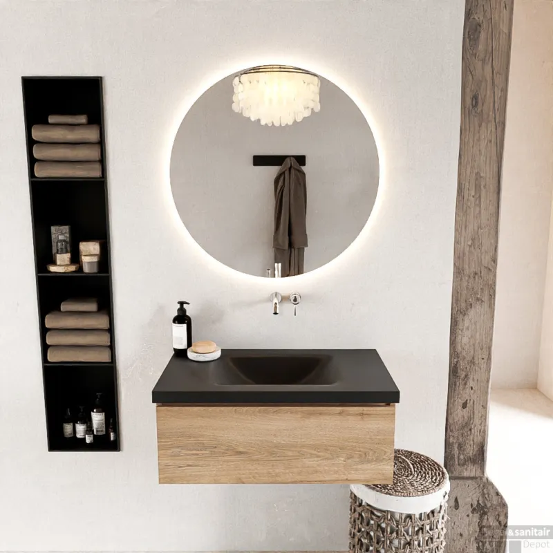MONDIAZ BUKLA 80cm badmeubel modulair kleur Washed Oak met 1 lade. Wastafel CLOUD midden 0 kraangaten kleur Urban. Weekendaanbieding