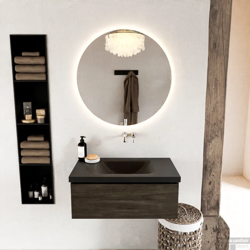 MONDIAZ BUKLA 80cm badmeubel modulair kleur Dark Brown met 1 lade. Wastafel CLOUD midden 0 kraangaten kleur Urban. Merkproduct