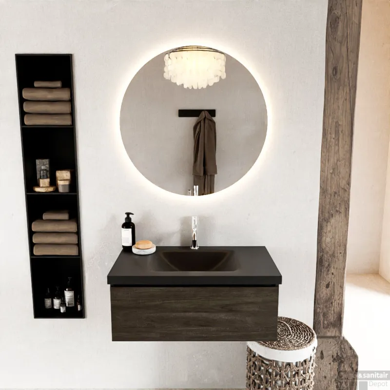 Snelle Levering MONDIAZ BUKLA 80cm badmeubel modulair kleur Dark Brown met 1 lade. Wastafel CLOUD midden 1 kraangat kleur Urban.
