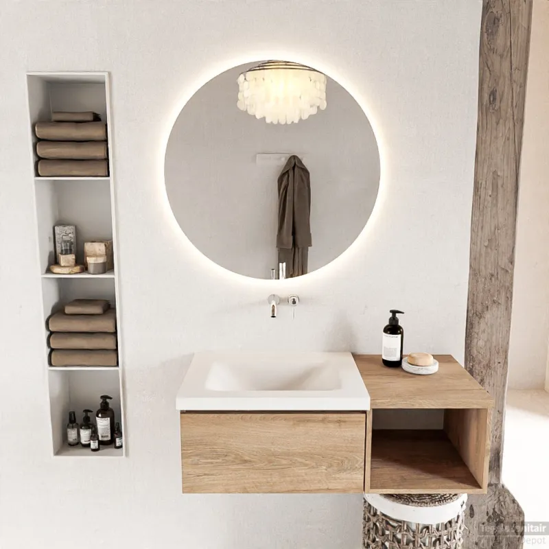 Alleen Vandaag MONDIAZ BUKLA 100cm badmeubel met open module 40 kleur Washed Oak met 1 lade. Wastafel CLOUD links 0 kraangaten kleur Talc.