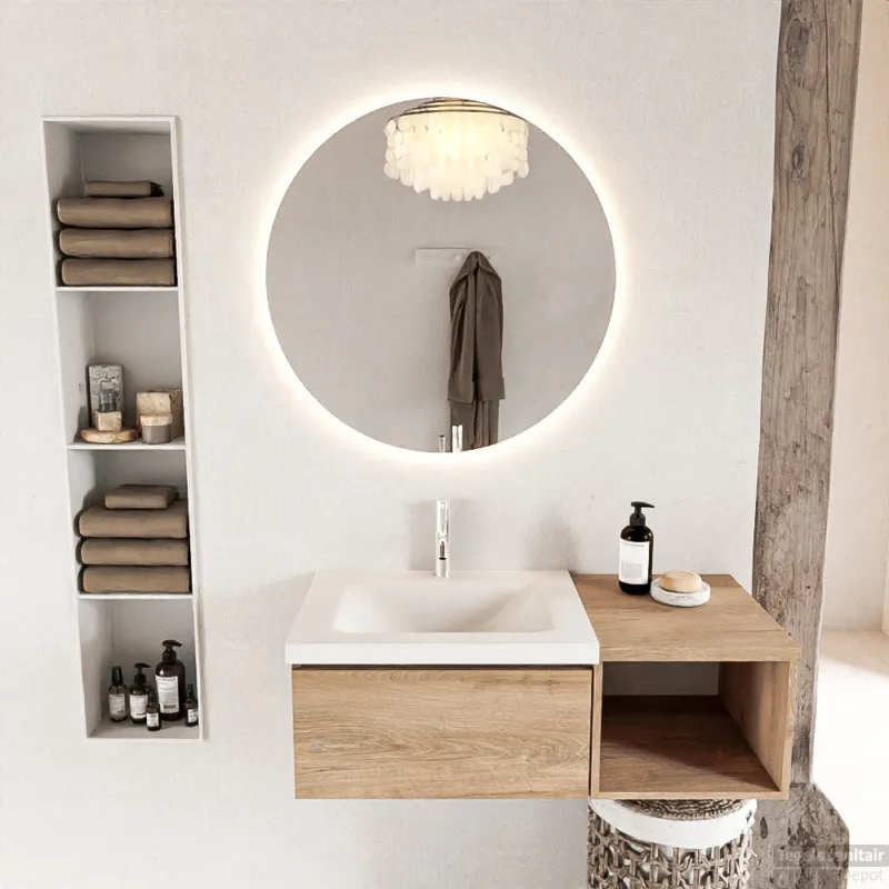 MONDIAZ BUKLA 100cm badmeubel met open module 40 kleur Washed Oak met 1 lade. Wastafel CLOUD links 1 kraangat kleur Talc. Flitsaanbieding