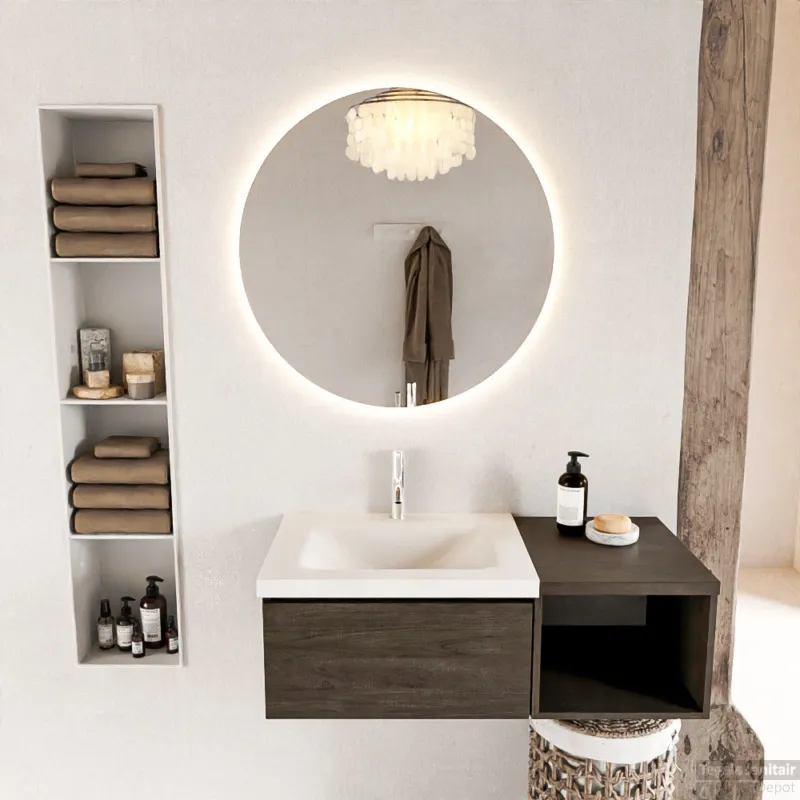 Uitverkoop MONDIAZ BUKLA 100cm badmeubel met open module 40 kleur Dark Brown met 1 lade. Wastafel CLOUD links 1 kraangat kleur Talc.
