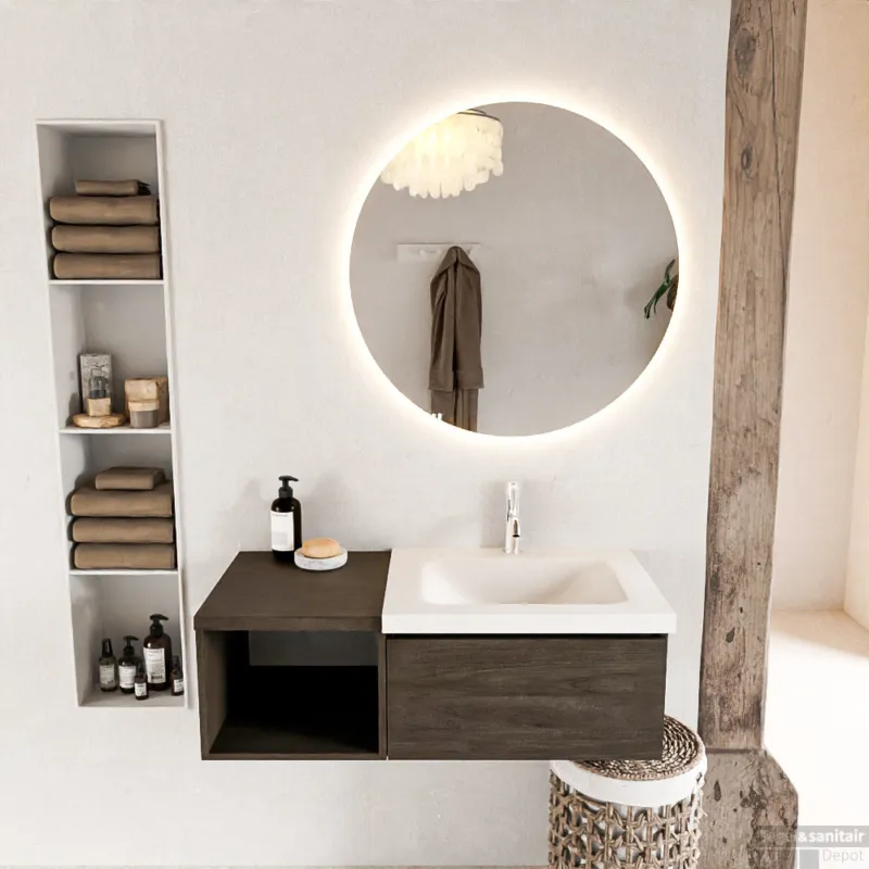 MONDIAZ BUKLA 100cm badmeubel met open module 40 kleur Dark Brown met 1 lade. Wastafel CLOUD rechts 1 kraangat kleur Talc. Weekendaanbieding
