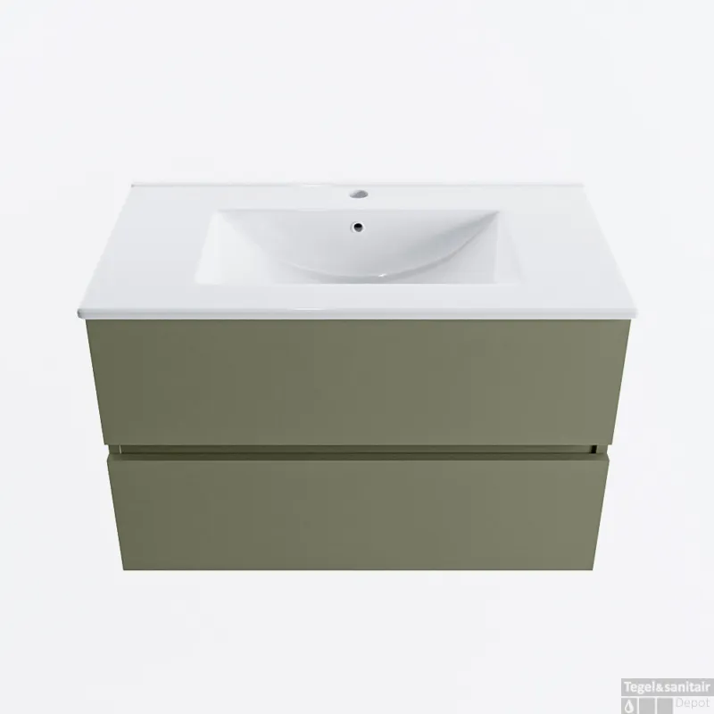 MONDIAZ VICA 80cm badmeubel onderkast Army 2 lades. Wastafel DENIA midden 1 kraangat, kleur Glanzend Wit. Meest Verkocht