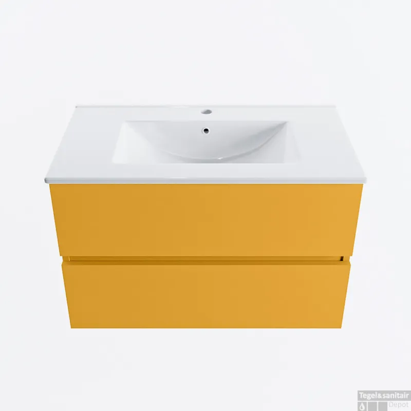 Hoge Kwaliteit MONDIAZ VICA 80cm badmeubel onderkast Ocher 2 lades. Wastafel DENIA midden 1 kraangat, kleur Glanzend Wit.