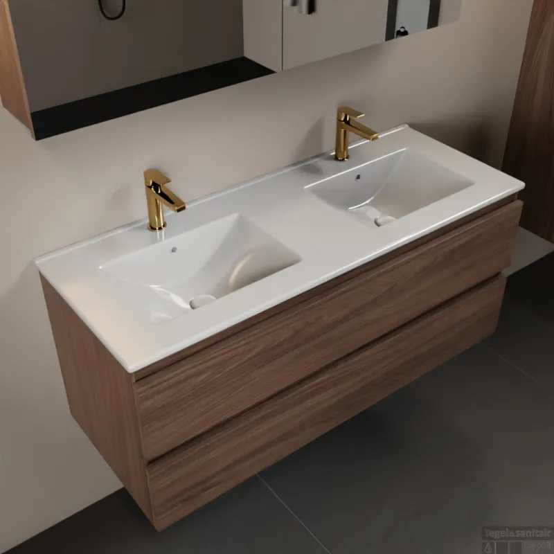 Superprijs MONDIAZ AIVY 120cm badmeubel Mocha, wastafel glanzend wit keramiek dubbel 2 kraangaten met spiegelkast (M60104 - AI-M120MODU - AI-C120MOMI)